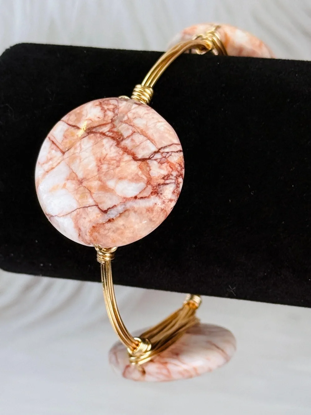Wired wrapped goldtone, three stone bangle bracelet